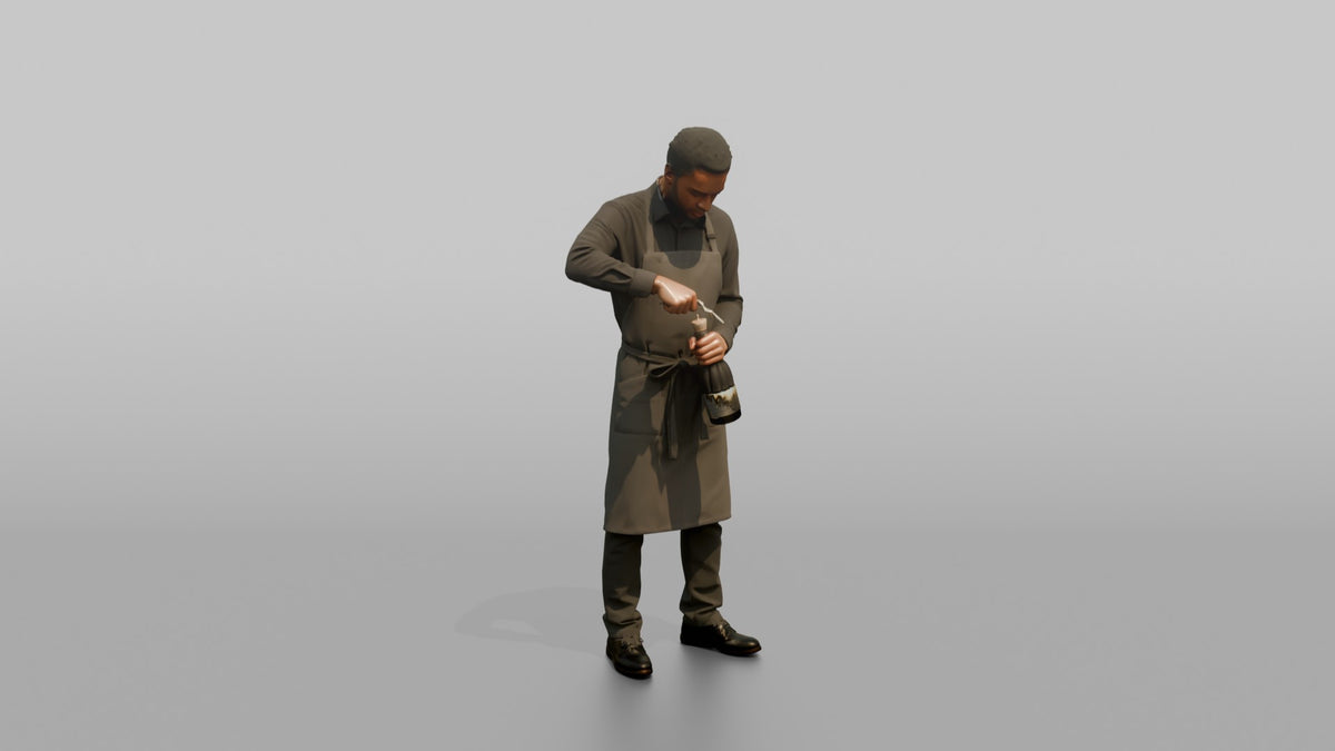 Server Woman Holding A Corkscrew, Opening A Wine Bottle - 3D character model