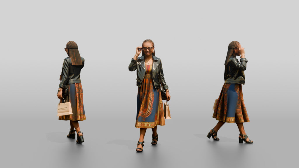 Stylish African Woman in a Leather Jacket and Print Dress