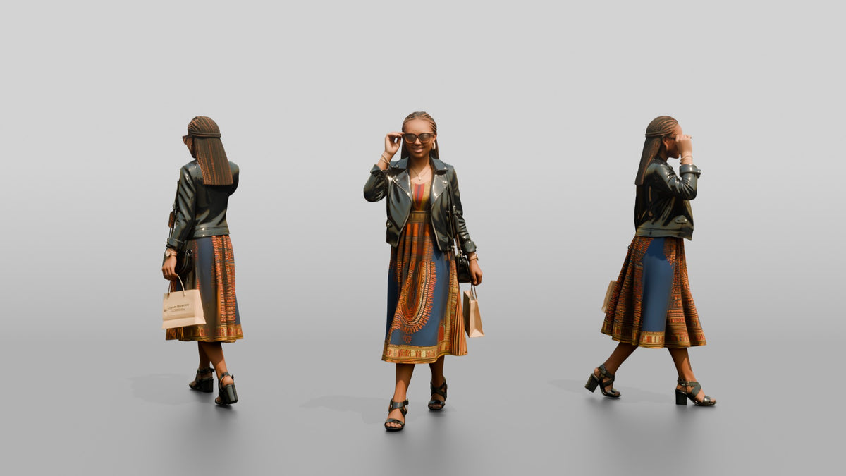 Stylish African Woman in a Leather Jacket and Print Dress - 3D character model