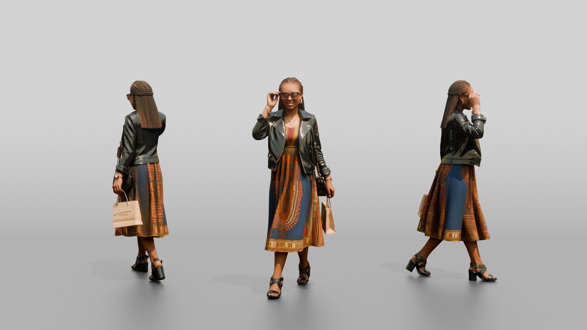 Stylish African Woman in a Leather Jacket and Print Dress