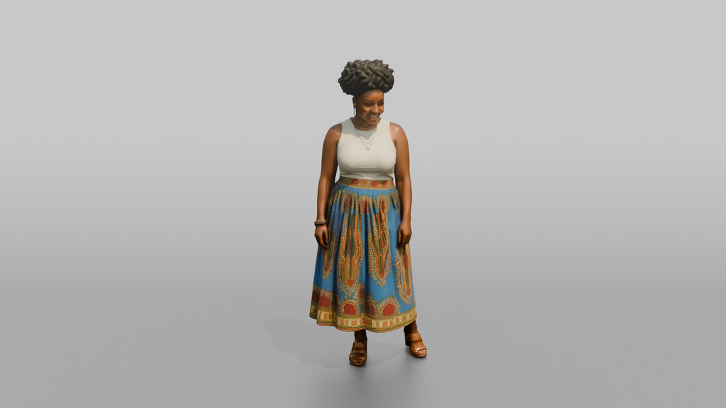 African Woman in Dashiki Print Skirt and White Top