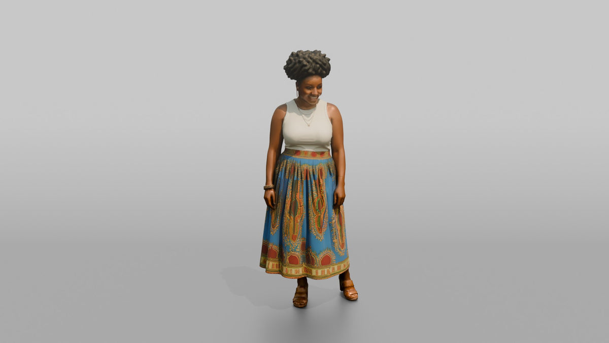 African Woman in Dashiki Print Skirt and White Top - 3D character model, view 1