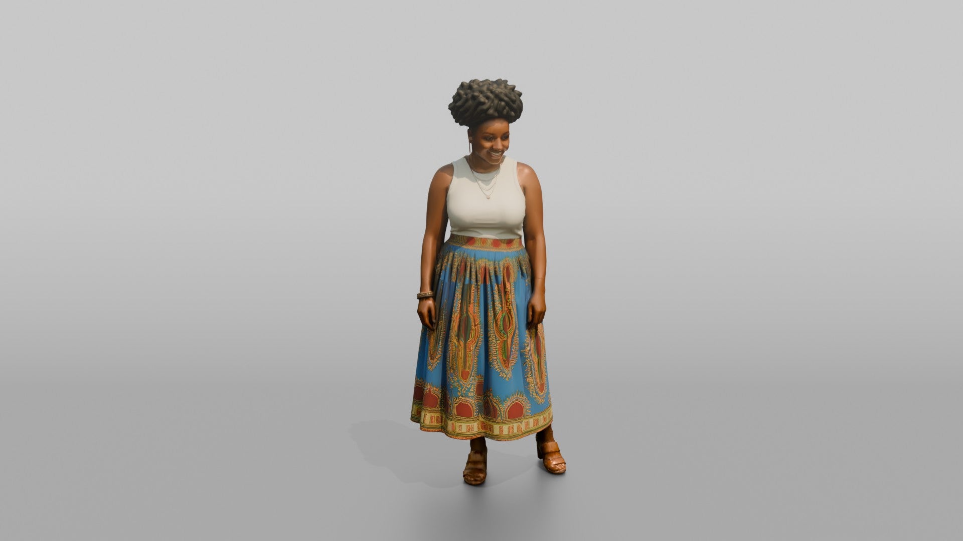 African Woman in Dashiki Print Skirt and White Top