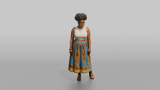 African Woman in Dashiki Print Skirt and White Top - 3D character model, view 1