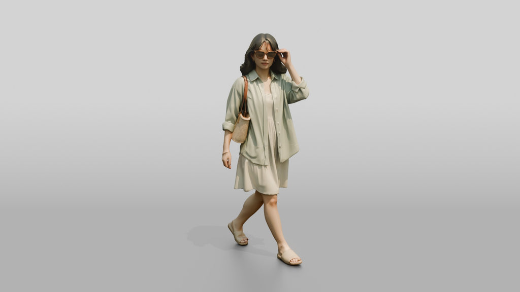 Woman Walking in Sunglasses with Straw Tote