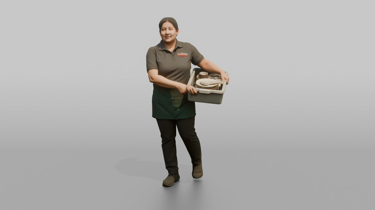 Server Woman Carrying A Bus Tub Of Dishes - 3D character model, view 5