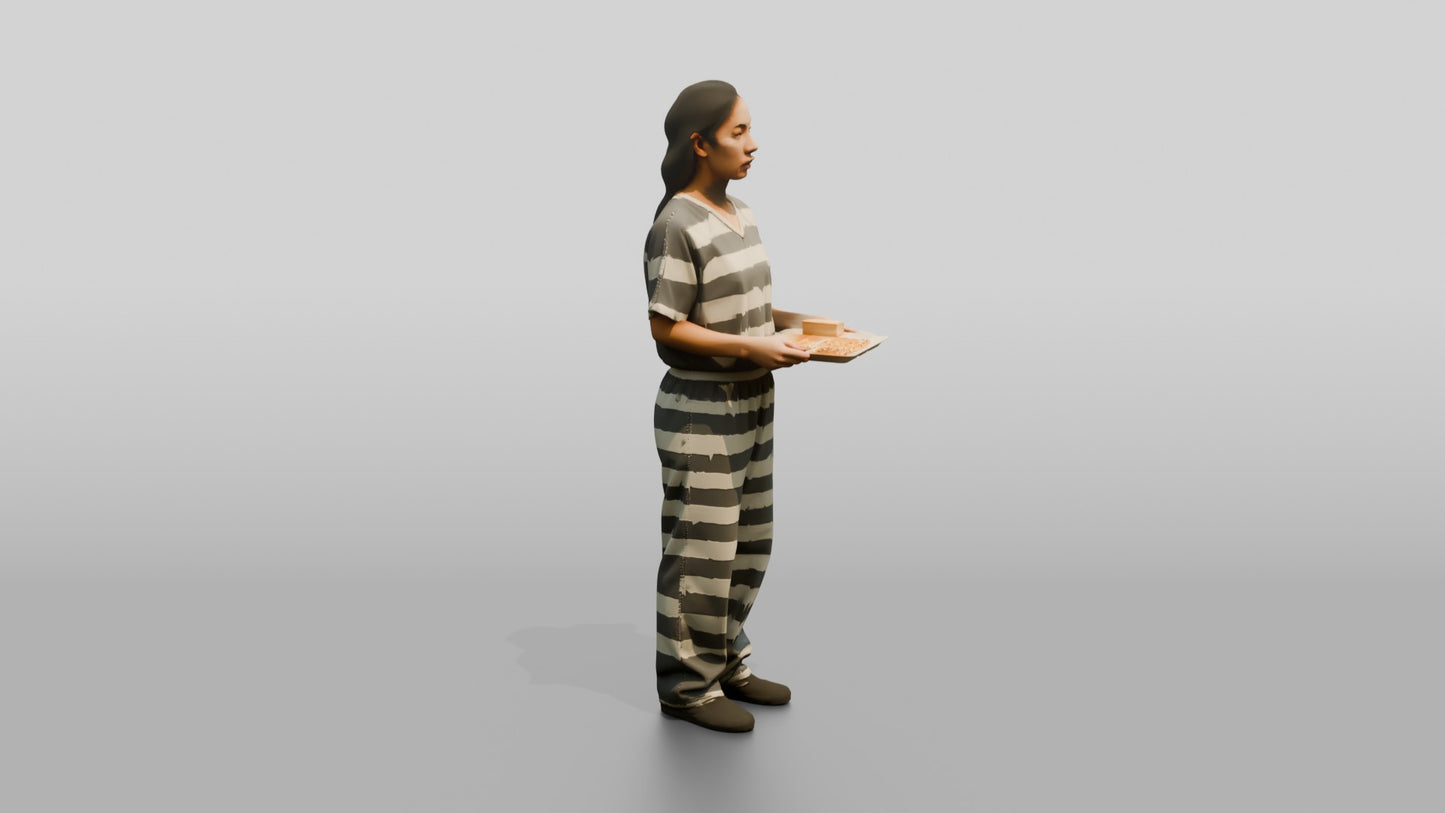 East Asian Female Prisoner in a Grey-white Striped Uniform