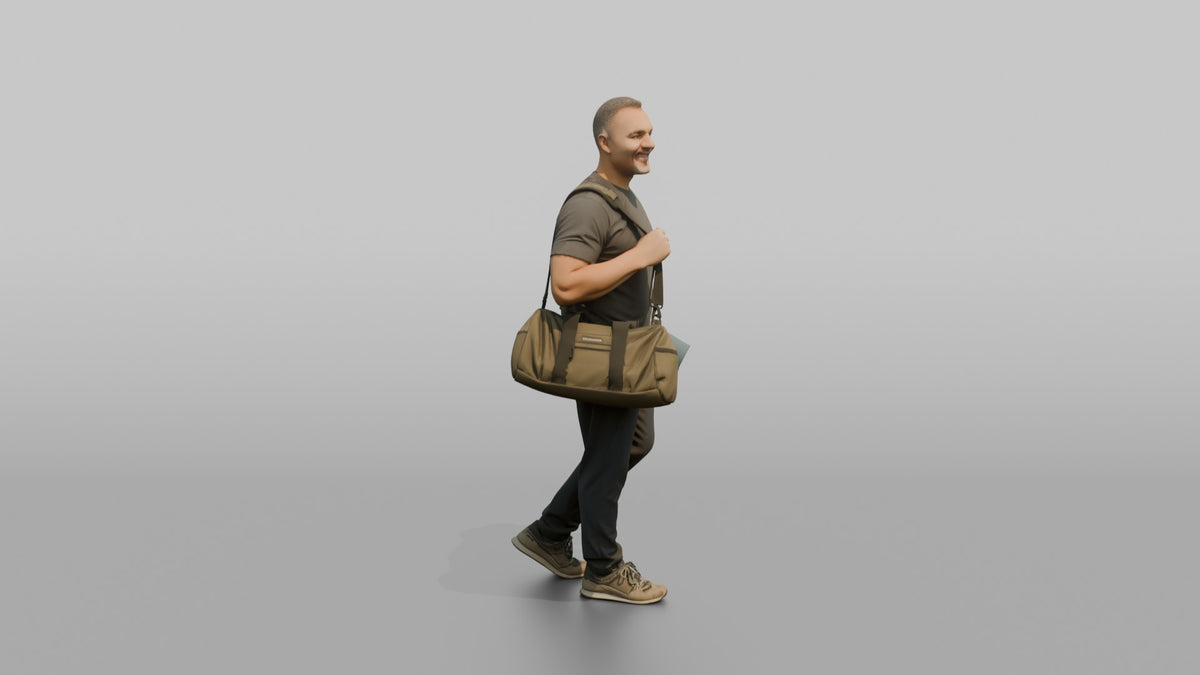Father Carrying A Rolled-up Yoga Mat And A Gym Bag - 3D character model, view 2