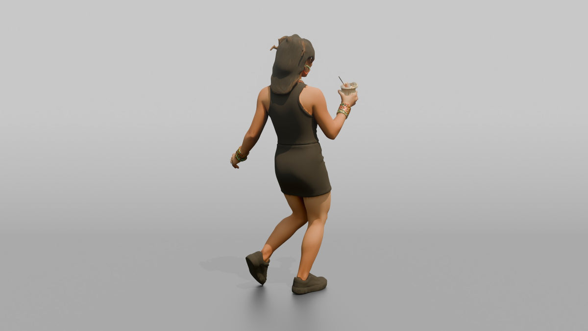 Patron Woman Wearing Chunky Colorful Jewelry, Dancing With A Drink In Hand - 3D character model, view 3