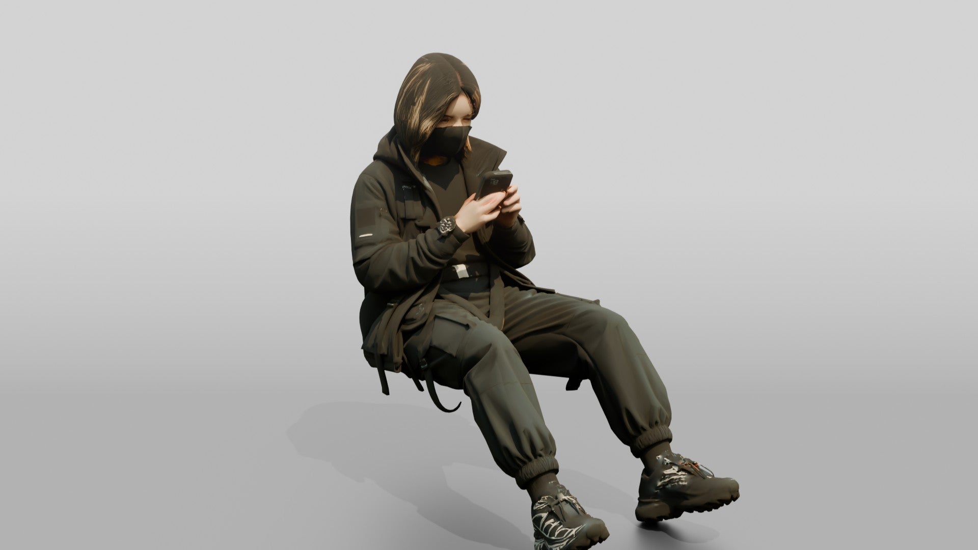 Techwear Woman Scrolling Her Phone