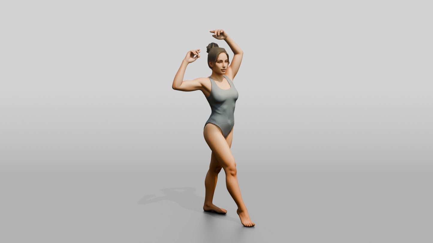 Woman in Grey Bodysuit Posing with Arms Raised