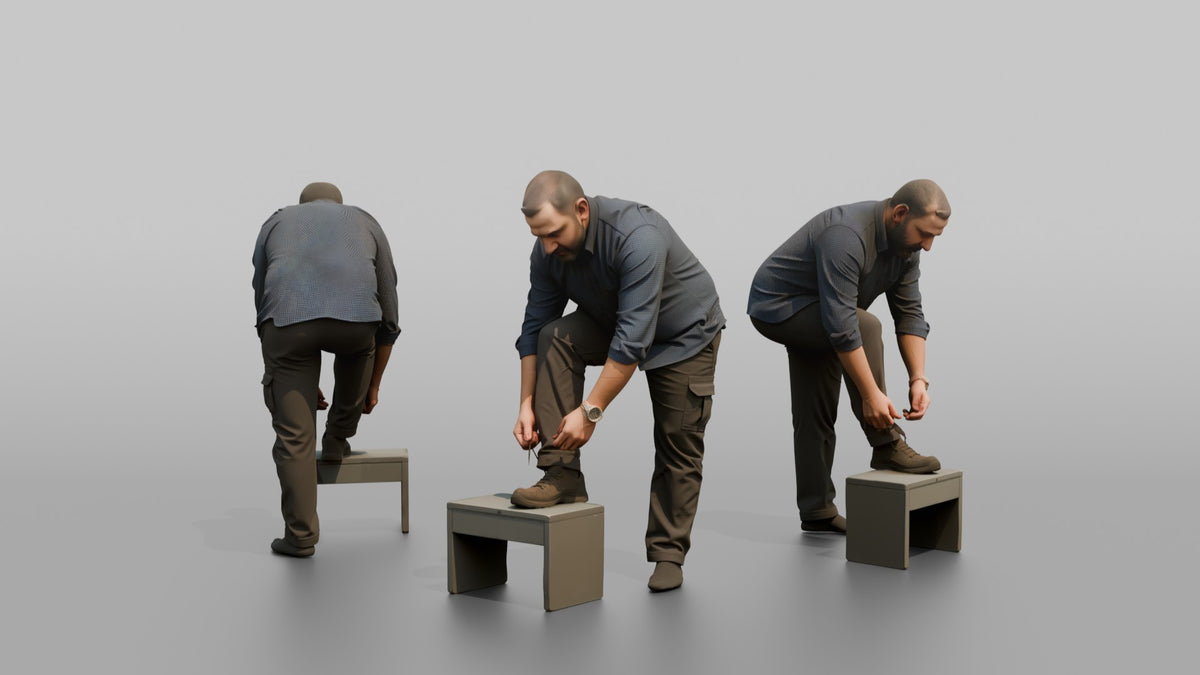 Father Tying His Own Shoelace, One Foot Resting On A Low Step - 3D character model, view 1