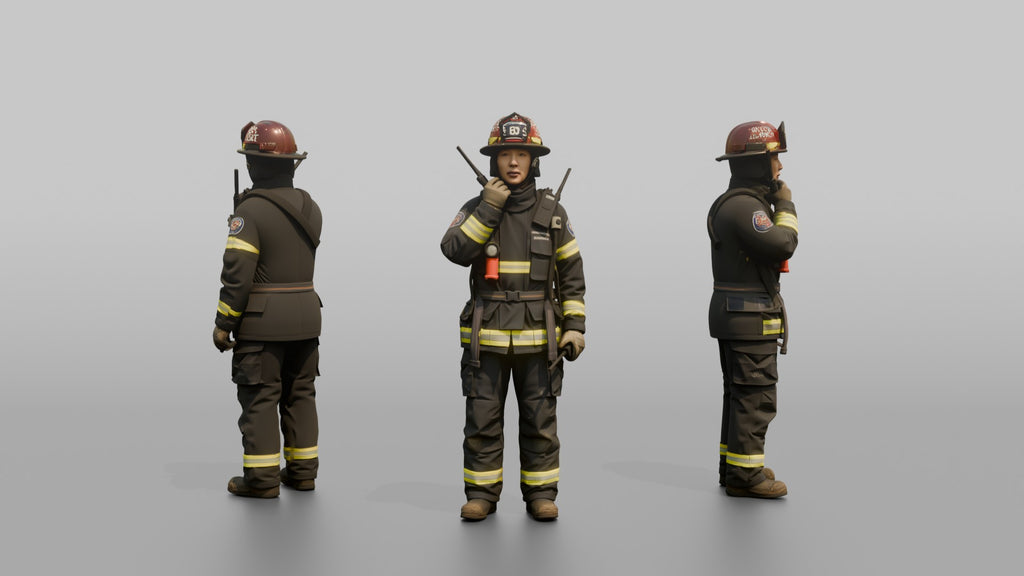 Firefighter Woman Speaking Into a Shoulder Walkie-talkie