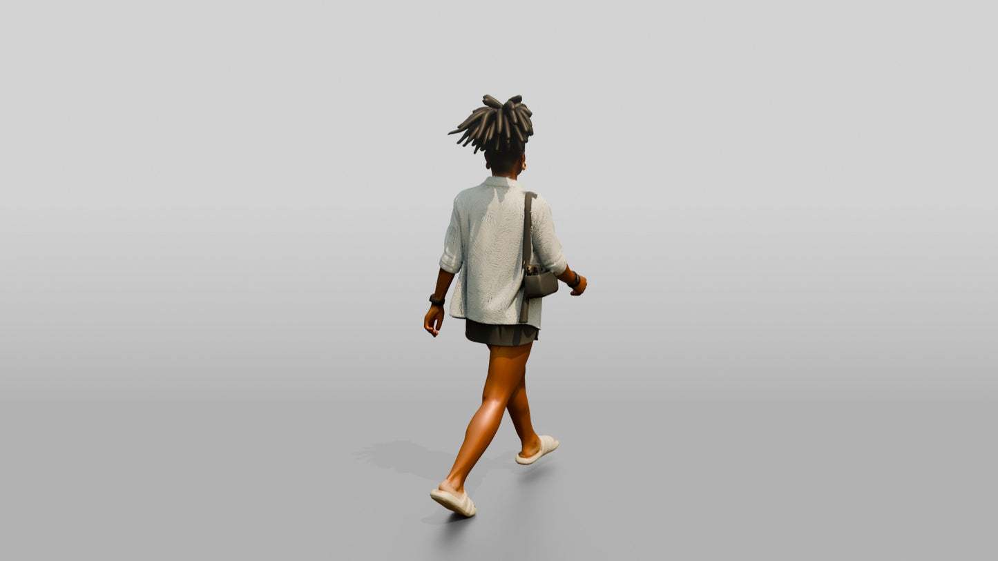 African-American Woman Walking the Boardwalk in Beach Shirt