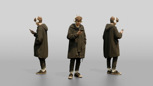 White Teen Boy in Oversized Raincoat Listening to Music