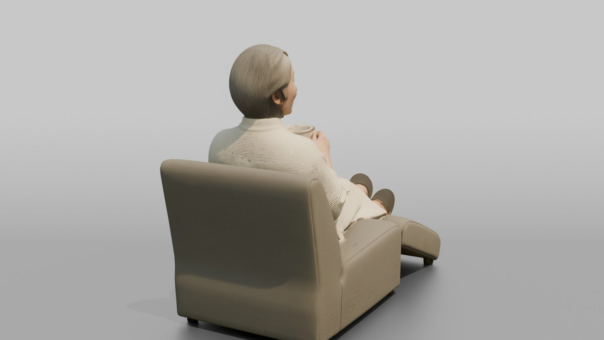 Spa Client Man Sitting On A Lounge Chair In A Robe, Holding A Cup Of Tea - 3D character model, view 3