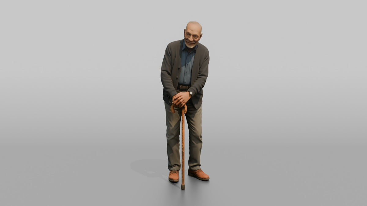 Grandfather Leaning On A Wooden Cane With Both Hands - 3D character model, view 5