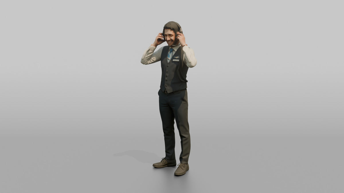 East Asian Flight Attendant Handing Out Headphones - 3D character model, view 4