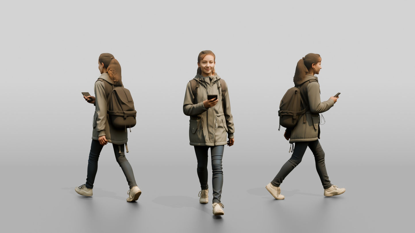 White Teen Girl Listening to Music in Grey Raincoat