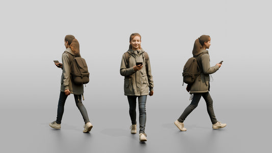 White Teen Girl Listening to Music in Grey Raincoat
