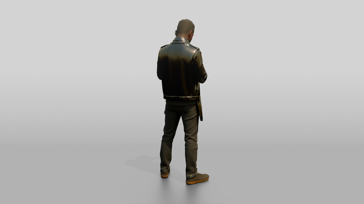 African Man in a Leather Jacket Checking a Camera - 3D character model, view 3