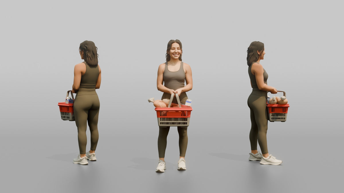 Woman Customer Holding A Shopping Basket With Both Hands - 3D character model, view 1
