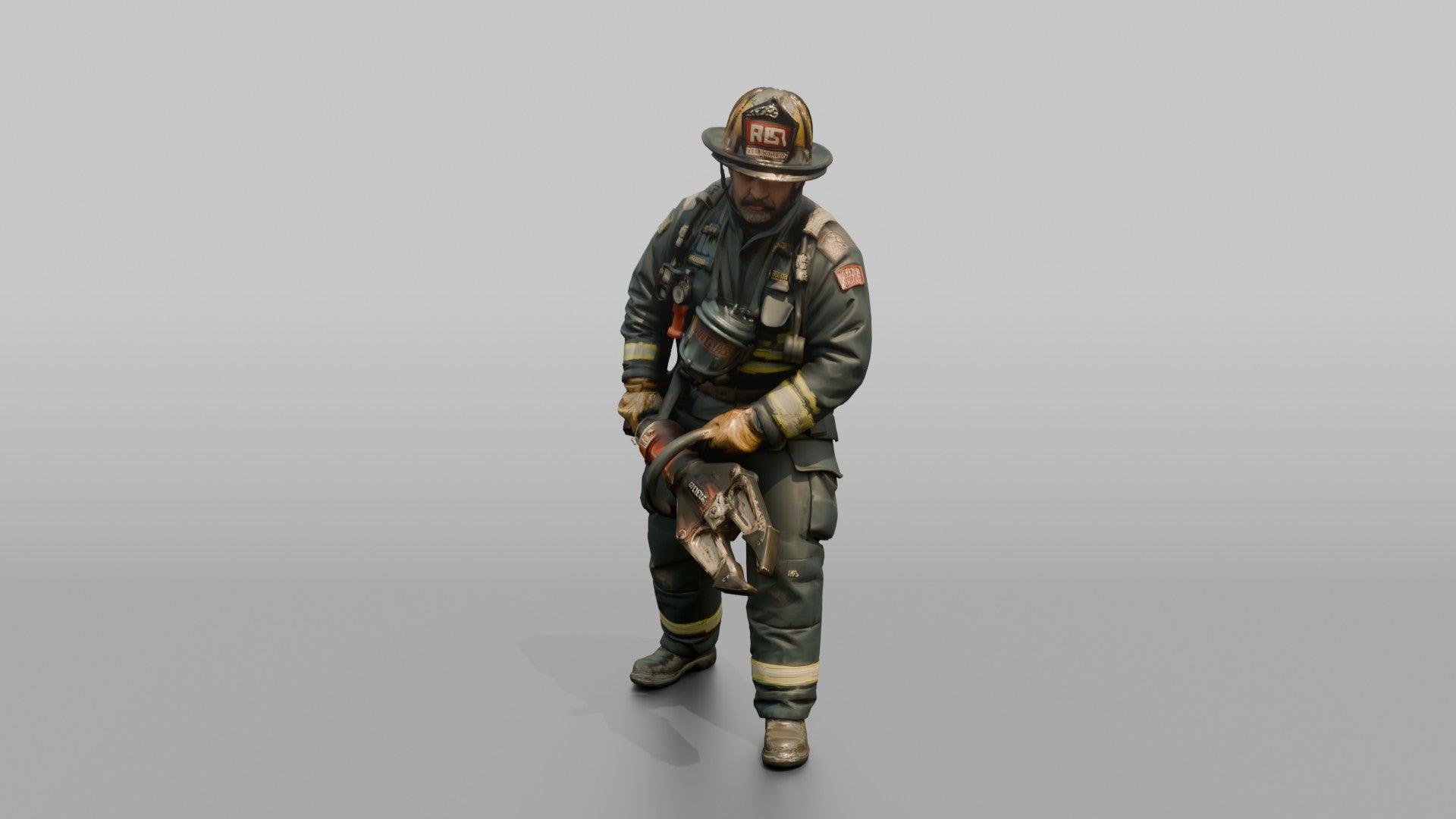 Firefighter Man Leaning Forward While Carrying Rescue Cutters