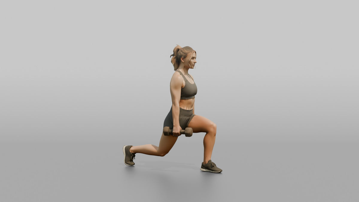 Weightlifter Woman Holding Two Dumbbells At The Sides Mid-lunge - 3D character model, view 2