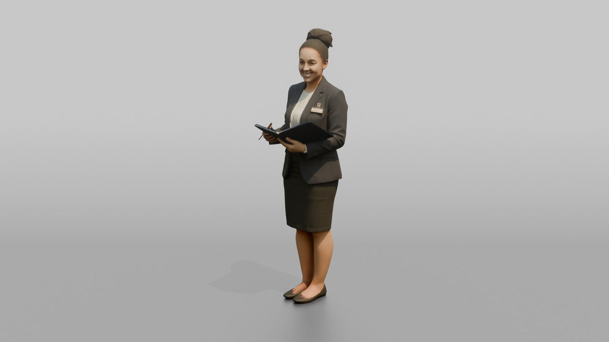 Receptionist Woman Holding A Guest Folder And Pen - 3D character model, view 4