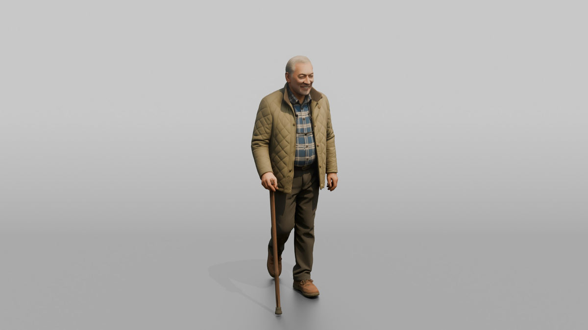 Grandfather Holding A Walking Stick, Mid-stride - 3D character model