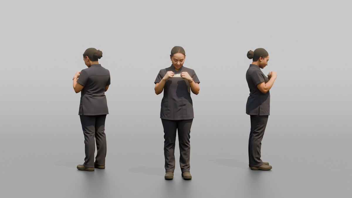 Spa Receptionist Man Adjusting A Name Badge On A Spa Uniform - 3D character model, view 1