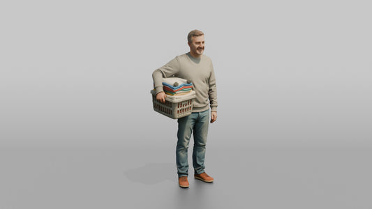 Father Carrying A Laundry Basket Full Of Folded Clothes On One Hip - 3D character model