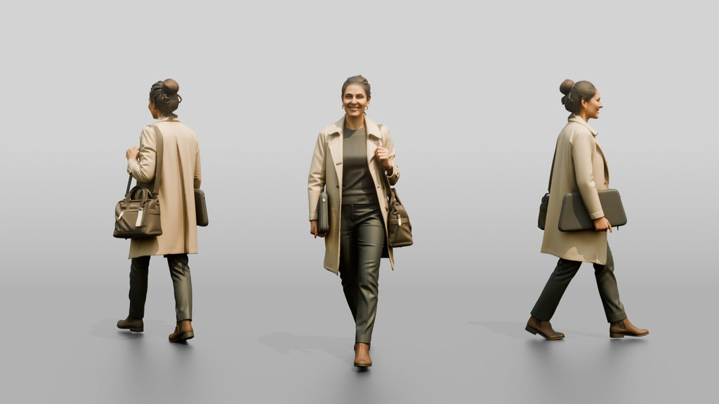 Woman in Beige Trench Coat Walking with Handbag and Briefcase