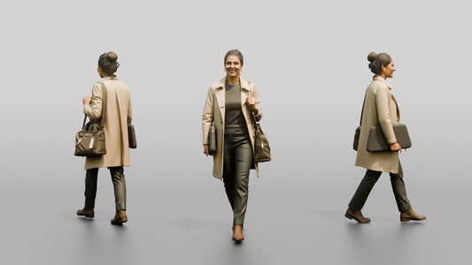 Woman in Beige Trench Coat Walking with Handbag and Briefcase - 3D character model