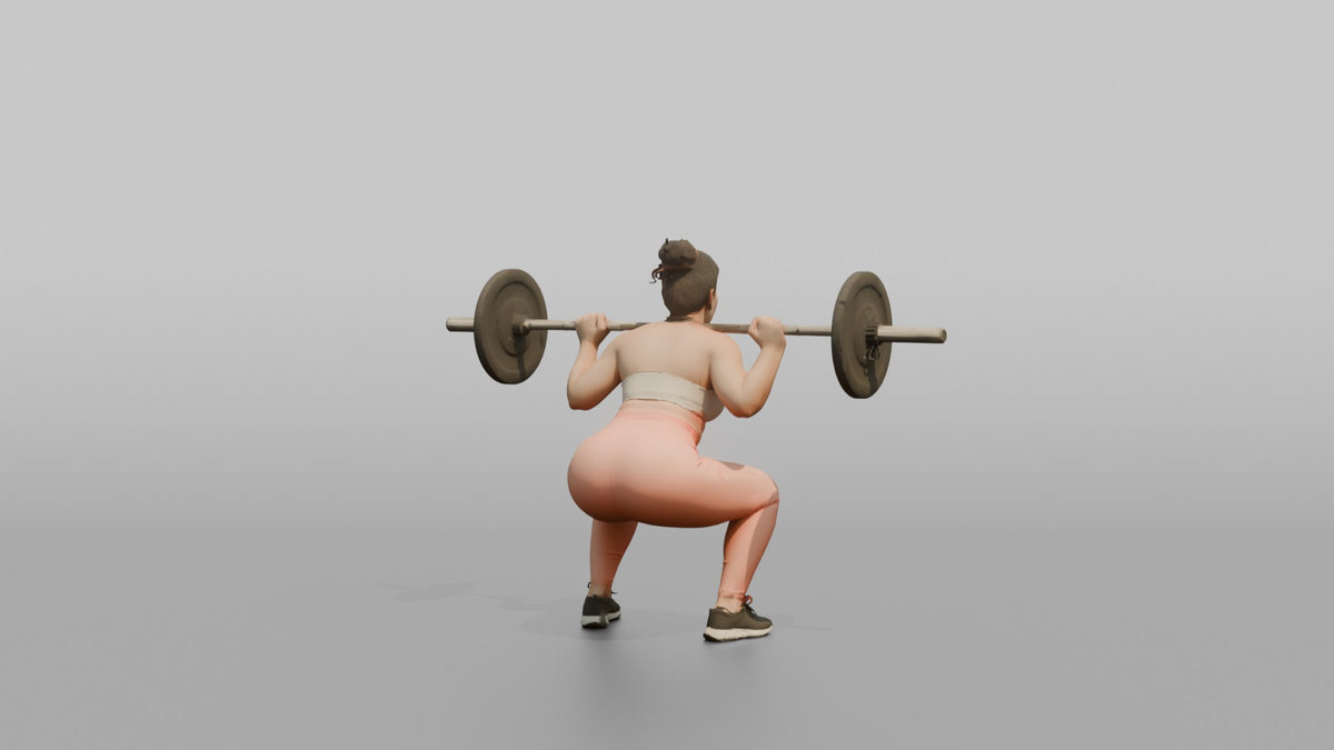 Weightlifter Woman Holding A Barbell Across The Shoulders In A Squat Stance - 3D character model, view 3