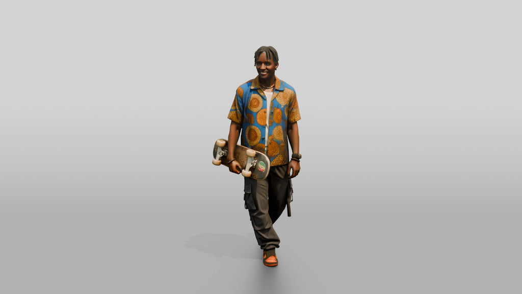 Athletic African Man Holding a Skateboard in a Print Shirt