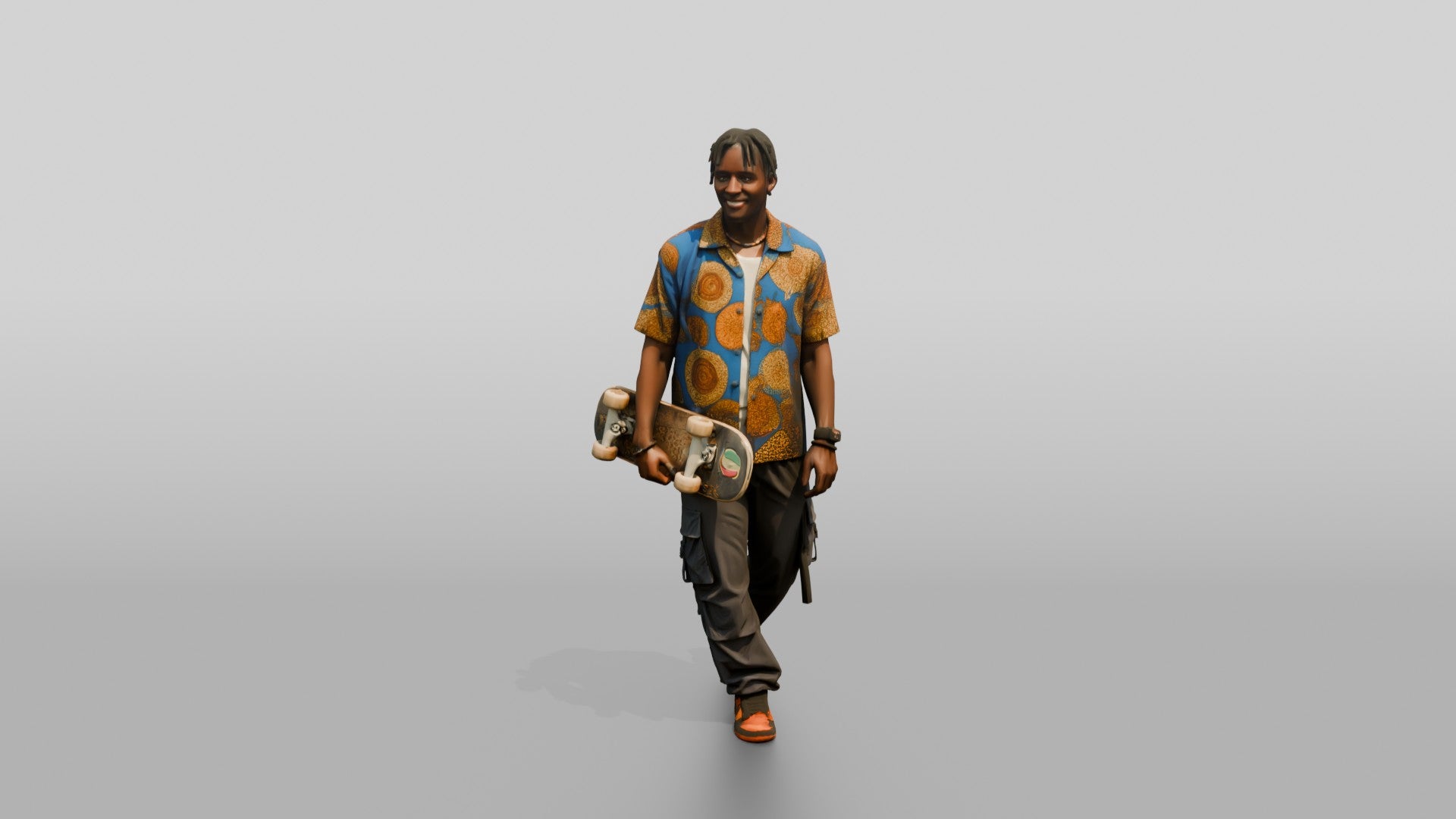 Athletic African Man Holding a Skateboard in a Print Shirt