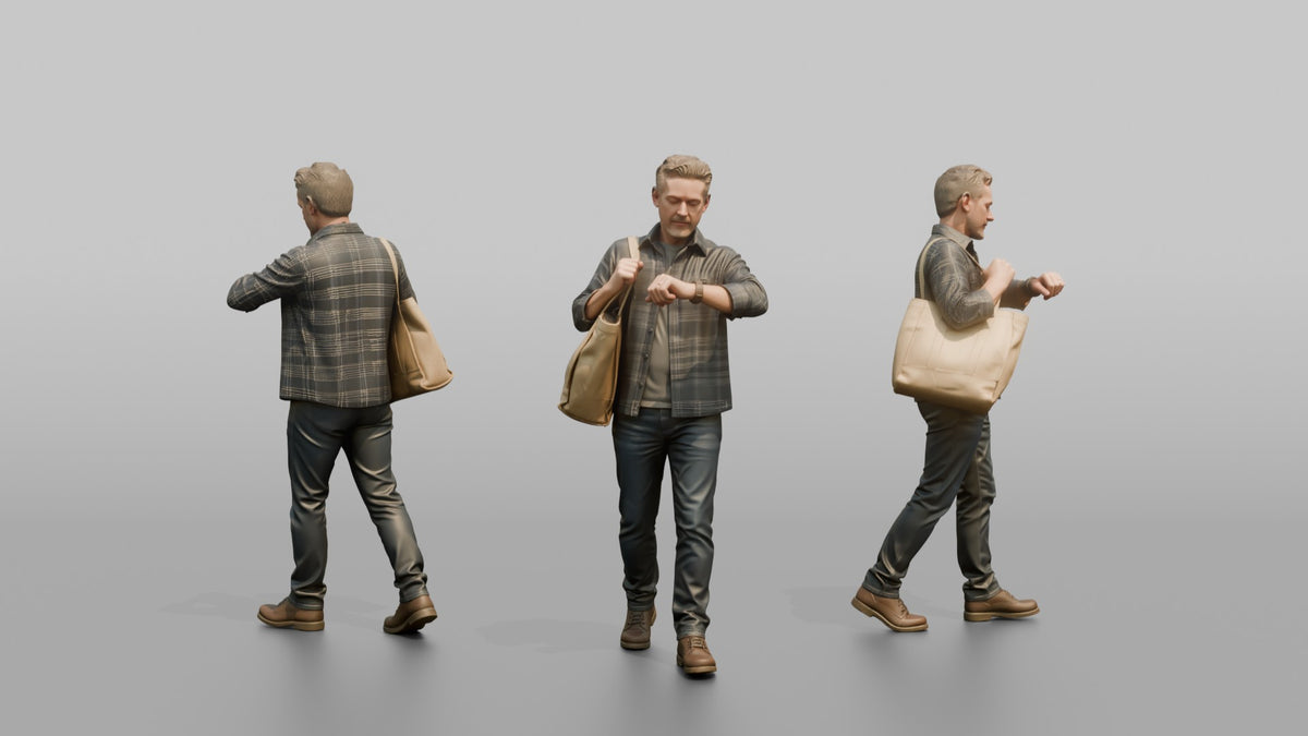 Man Customer Carrying A Large Shopping Bag Over One Shoulder While Checking His Watch - 3D character model, view 1