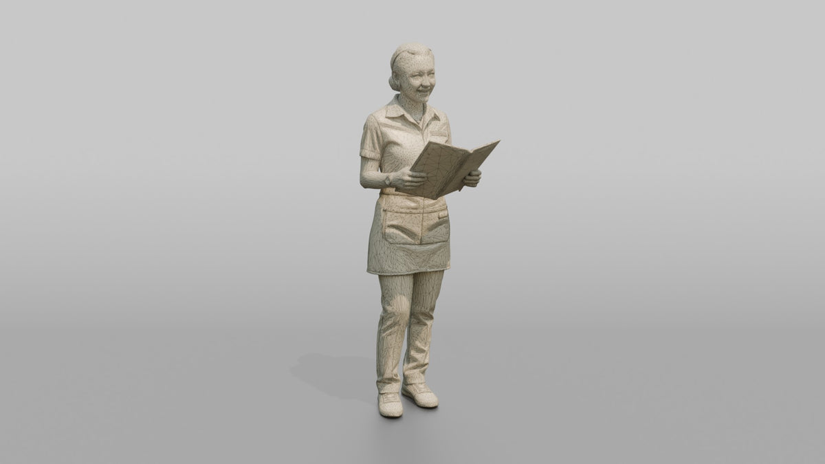 Bartender Woman Holding A Bar Menu Open - wireframe topology preview