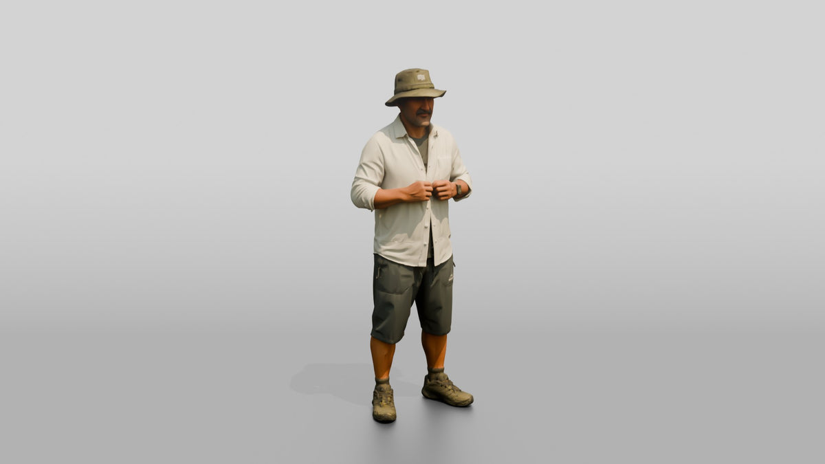 Man Fixing Button on Linen Shirt - 3D character model, view 1