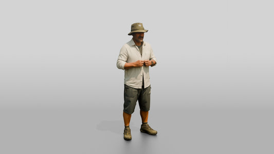 Man Fixing Button on Linen Shirt - 3D character model, view 1
