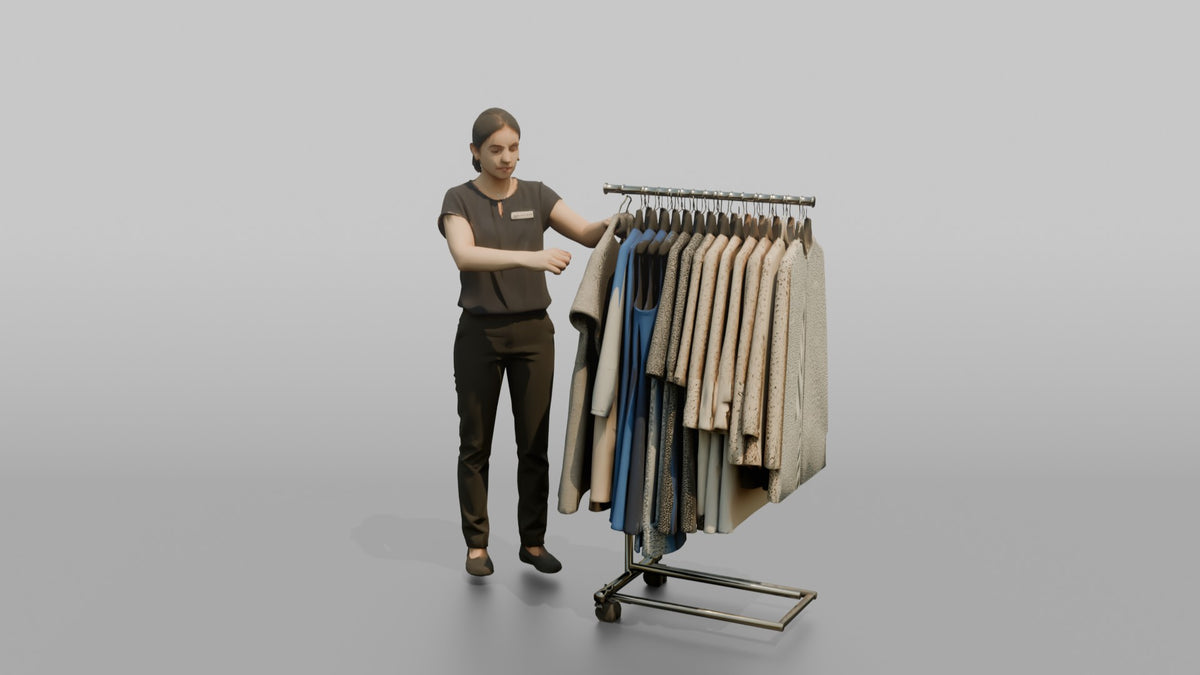 Woman Sales Associate Straightening A Rack Of Dresses - 3D character model, view 5