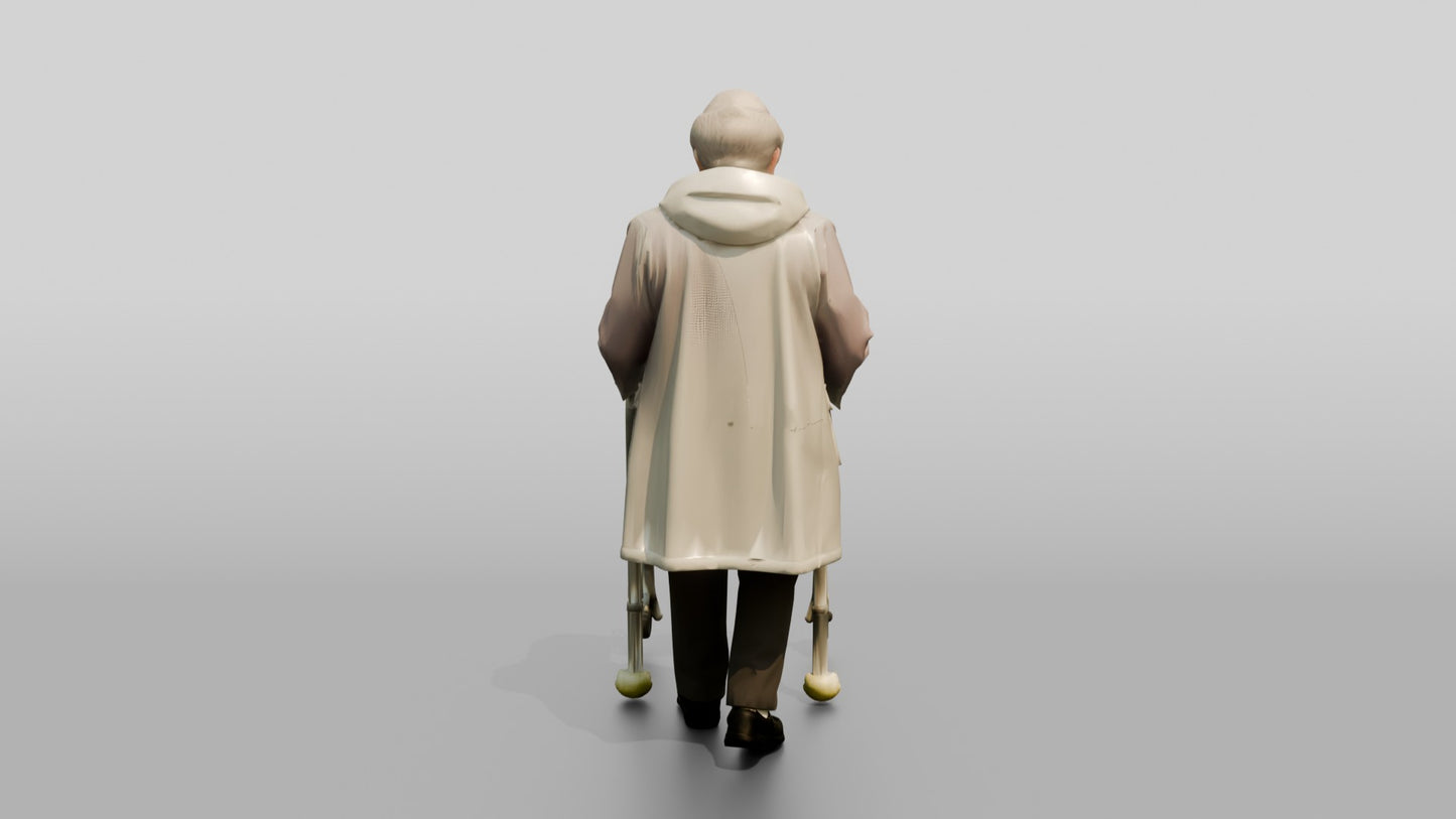 Elderly White Woman in Clear Raincoat with Walker