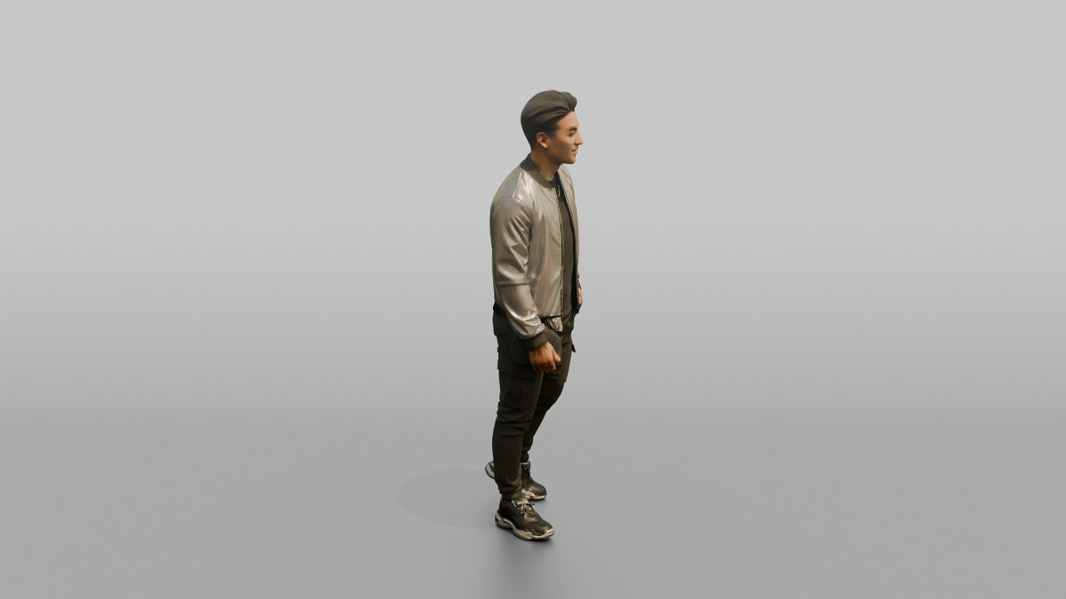Patron Man Striking A Confident Pose In A Colorful Holographic Jacket - 3D character model, view 2