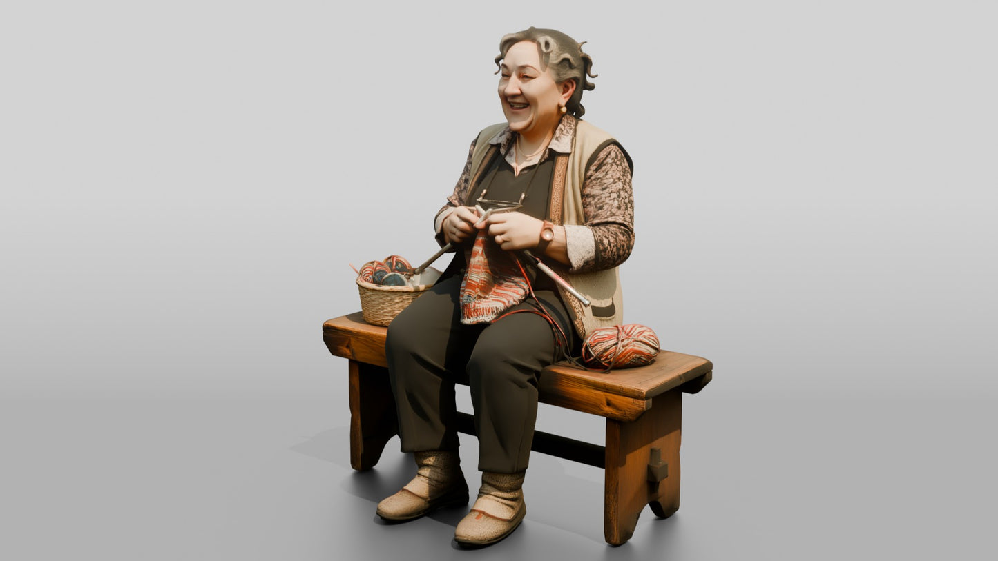Elderly Woman Knitting on Bench