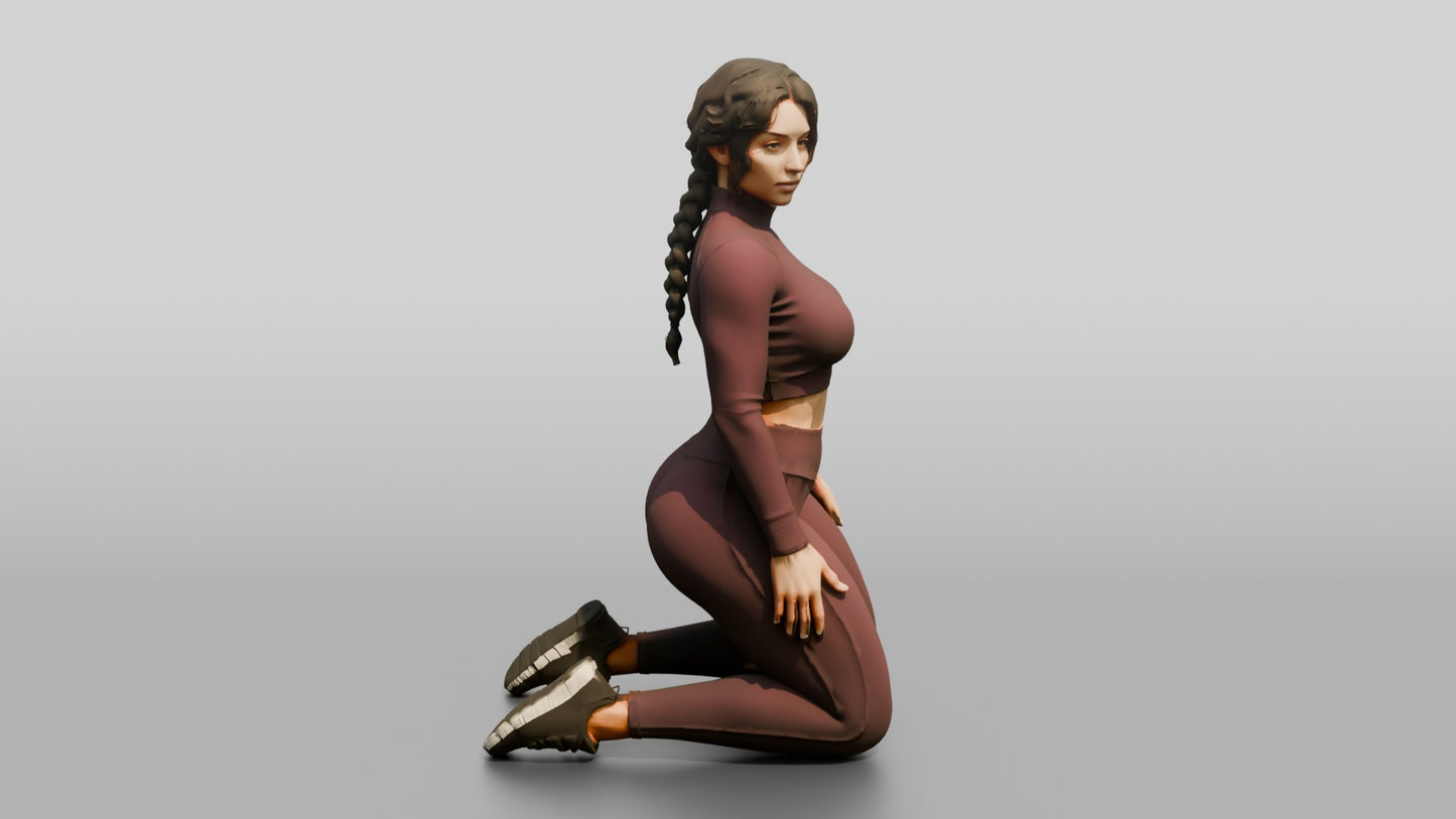 Woman Kneeling in Burgundy Long-Sleeve Activewear