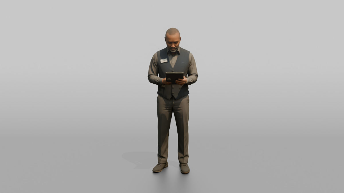 Man Sales Associate Holding A Tablet, Checking Something On The Screen - 3D character model, view 5