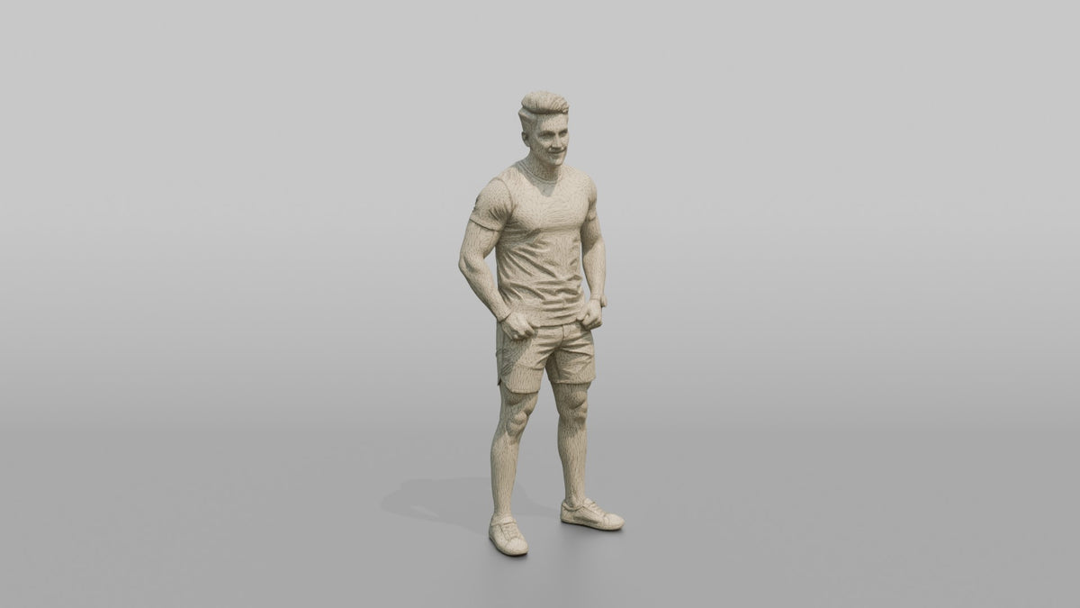 Fitness Influencer Man Standing Confidently, Thumbs Hooked In Waistband - wireframe topology preview