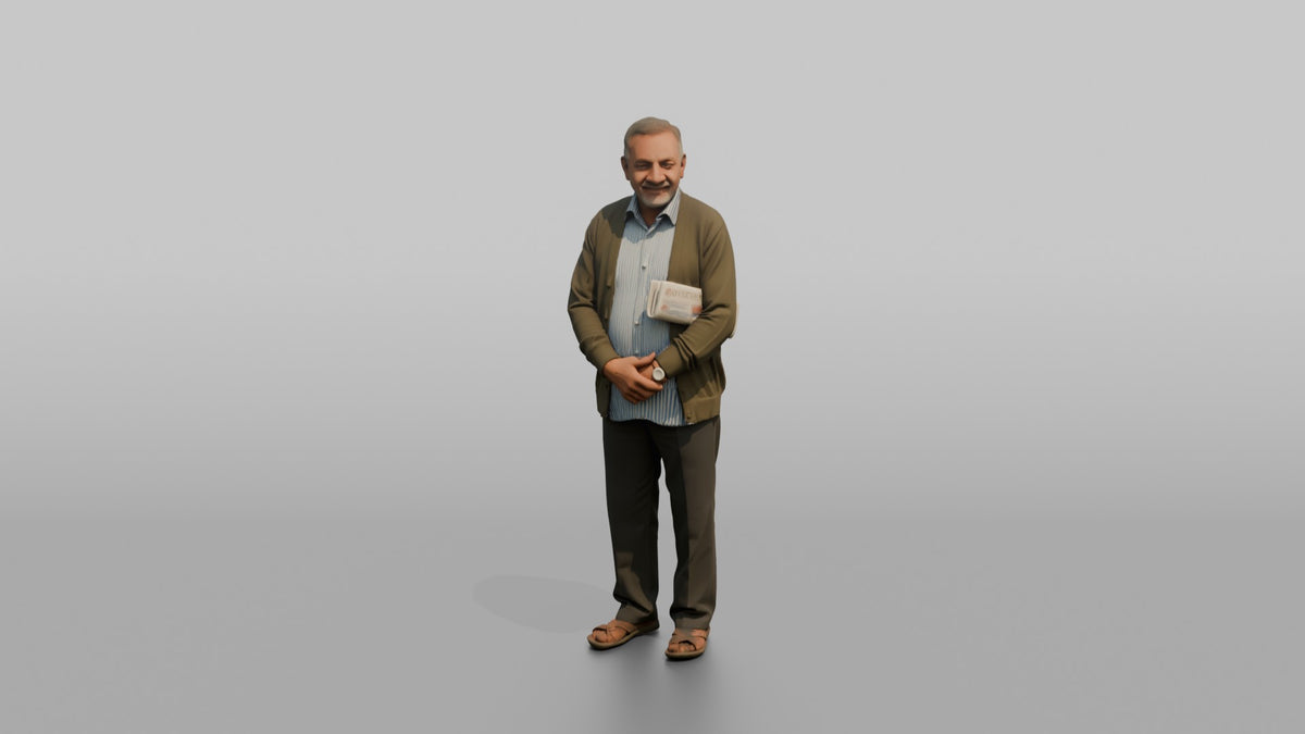 Grandfather Holding A Rolled-up Newspaper Under One Arm - 3D character model, view 5