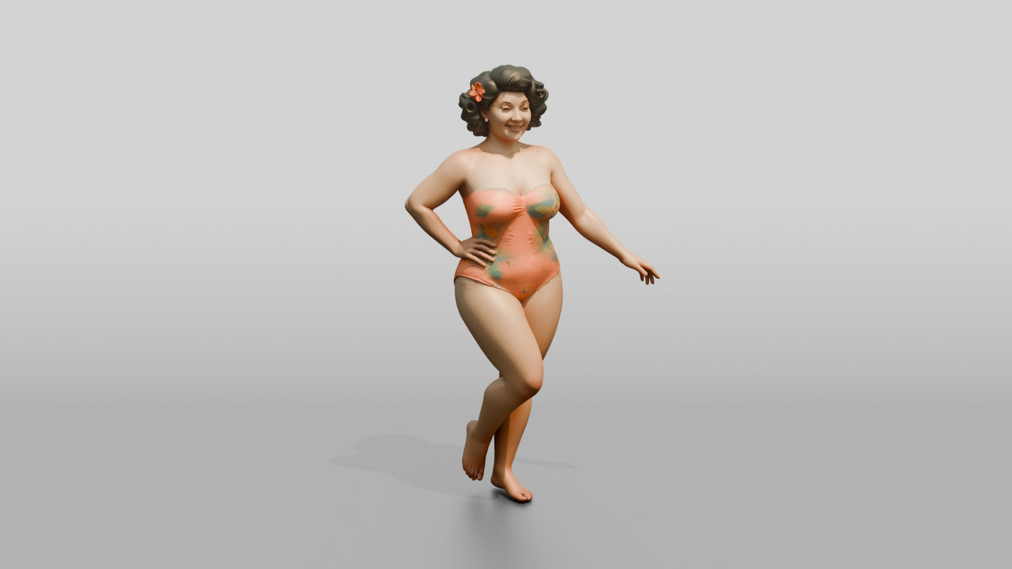 Curvy Woman in Coral One-Piece Swimsuit Playful Pose